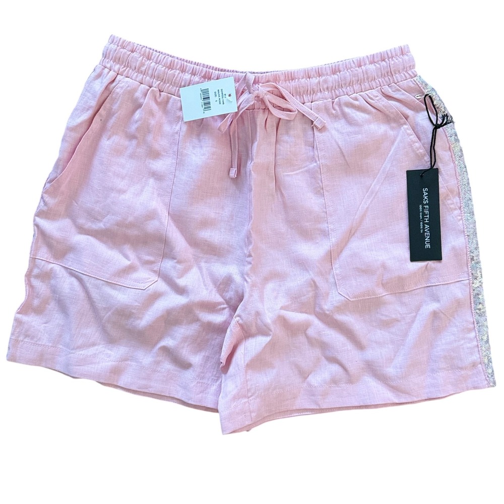 Saks Fifth Avenue Mauve Rose Linen Shorts Sequins Side Detail Drawstring Waist S